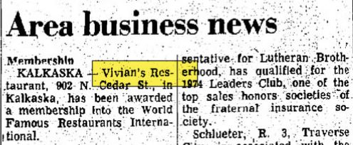 Vivians Restaurant - Feb 1975 Award (newer photo)
